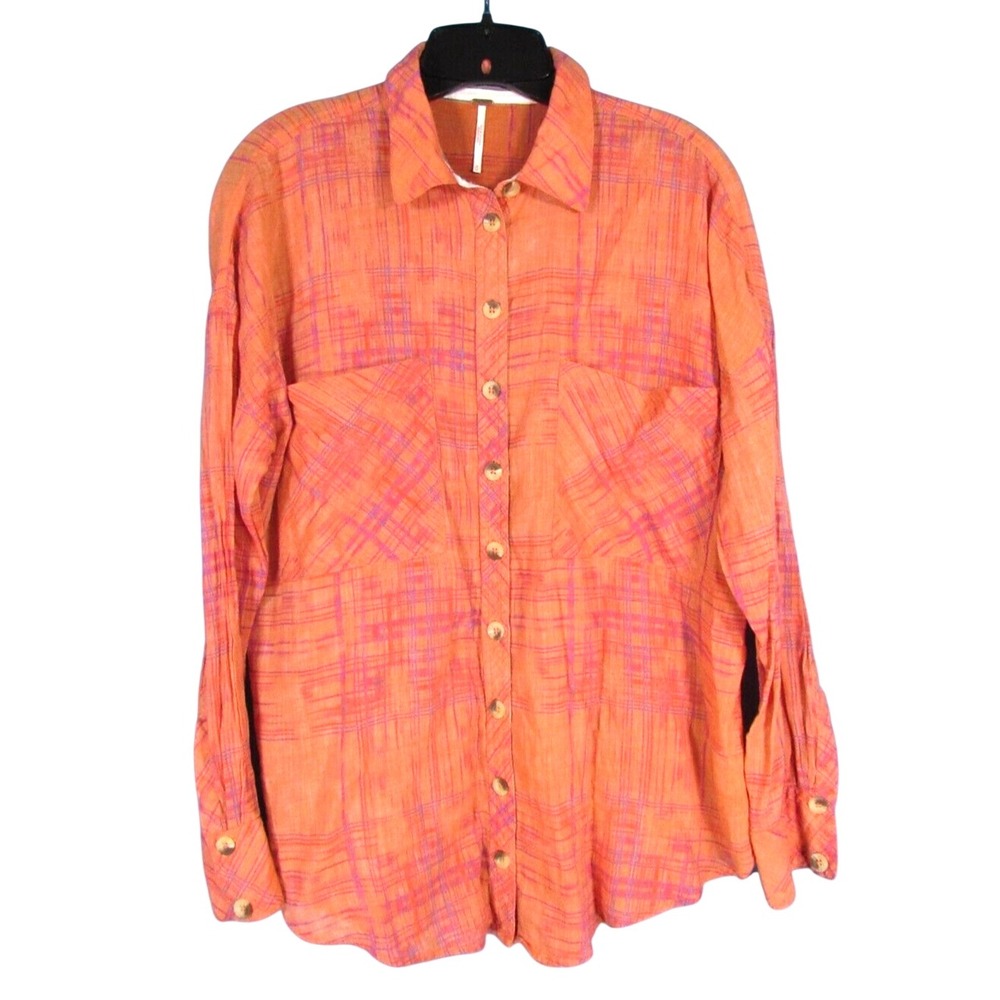 WE THE FREE PEOPLE Orange Plaid SHORE VIBES Button-Up Shirt/Top SWING Back Hem M